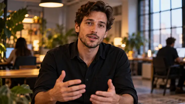 Ein nachdenklicher junger Kreativer in einem dunklen Shirt spricht in einem sanft beleuchteten gemeinschaftlichen Arbeitsbereich direkt in die Kamera, filmisches Videostandbild auf Augenhöhe.
