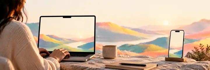 Ein Laptop und ein Smartphone zeigen einen einfachen Arbeitsbereich vor einer sanften, farbenfrohen Landschaft.