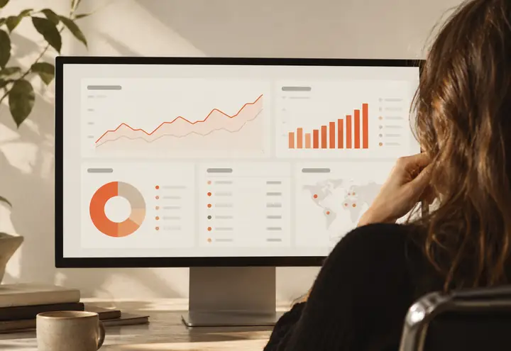 Beispiel für eine Website mit einem Berichts-Dashboard, Diagrammen und Anzeigefeldern.
